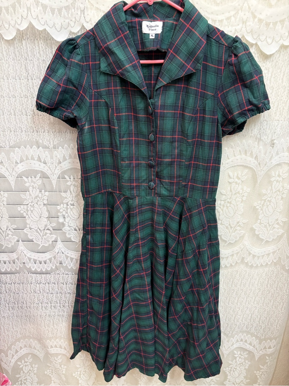 Unique Vintage Green Plaid Button-Front Fit & Flare Dress with Red Accents